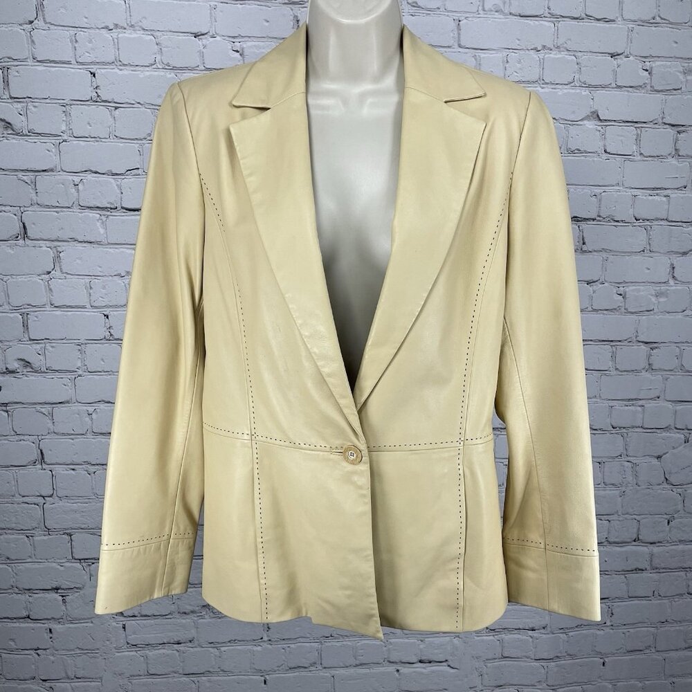 Dana Buchman Pale Yellow Leather 1 Button Blazer Jacket Pockets Lined Size 10